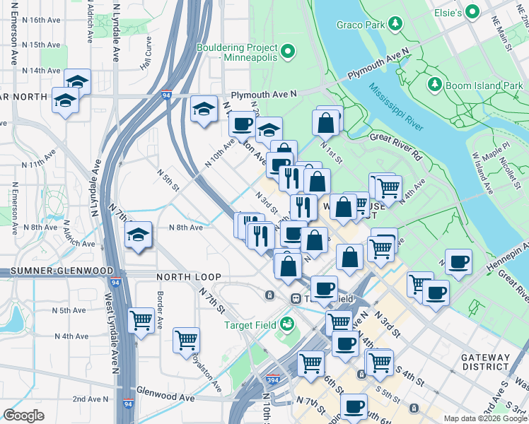 map of restaurants, bars, coffee shops, grocery stores, and more near 710 North 4th Street in Minneapolis