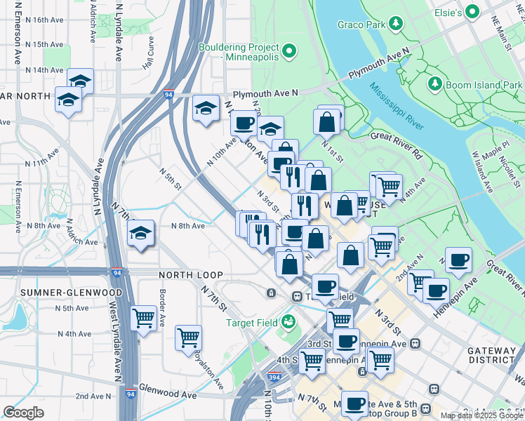 map of restaurants, bars, coffee shops, grocery stores, and more near 710 North 4th Street in Minneapolis
