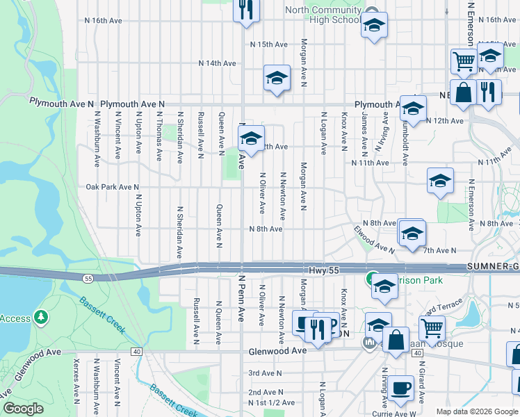 map of restaurants, bars, coffee shops, grocery stores, and more near 809 North Oliver Avenue in Minneapolis