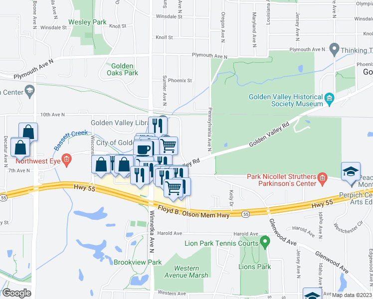 map of restaurants, bars, coffee shops, grocery stores, and more near in Golden Valley