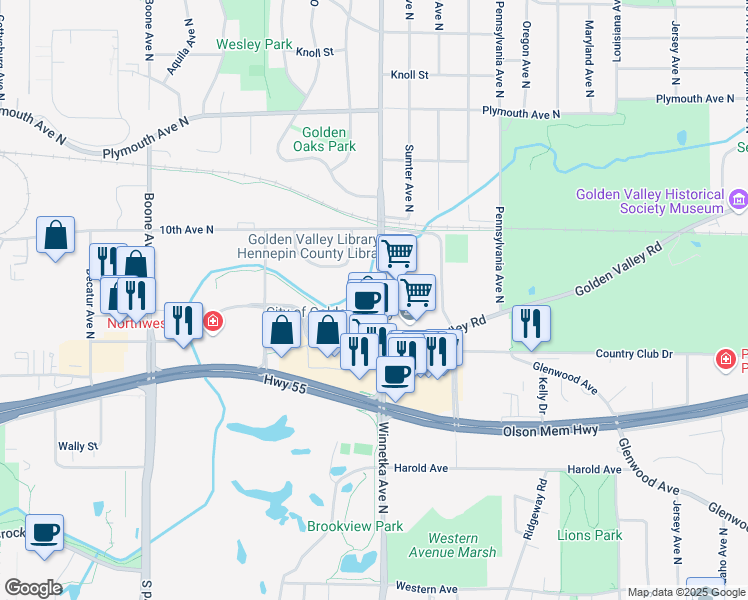 map of restaurants, bars, coffee shops, grocery stores, and more near 695 Winnetka Avenue North in Golden Valley