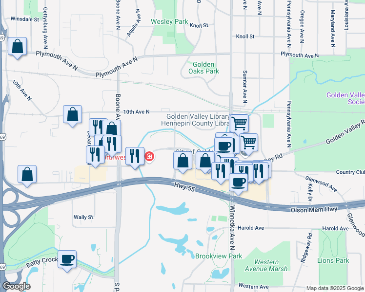 map of restaurants, bars, coffee shops, grocery stores, and more near in Golden Valley