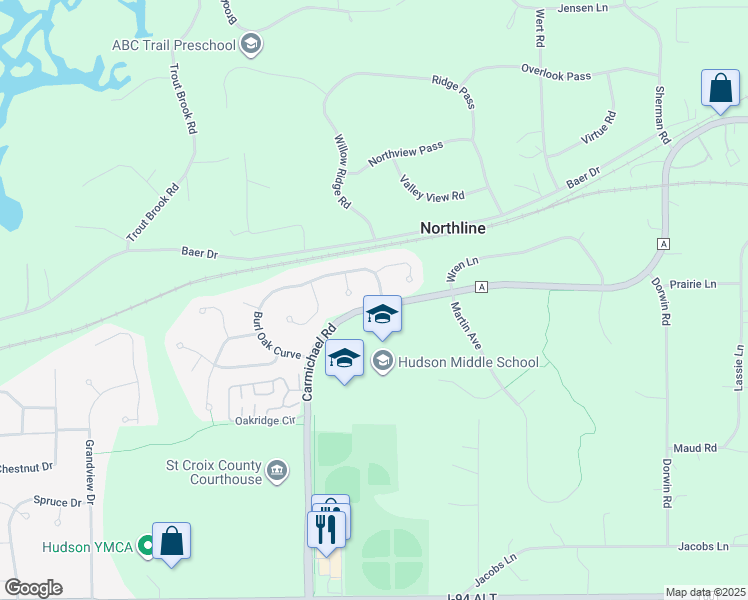 map of restaurants, bars, coffee shops, grocery stores, and more near 2628 Burl Oak Curve in Hudson