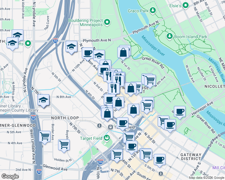 map of restaurants, bars, coffee shops, grocery stores, and more near 607 North Washington Avenue in Minneapolis