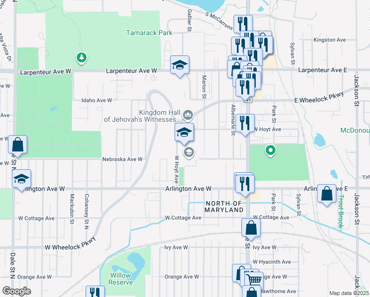 map of restaurants, bars, coffee shops, grocery stores, and more near 1495 Rice Street in Saint Paul