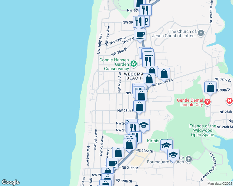 map of restaurants, bars, coffee shops, grocery stores, and more near 1700 Northwest 30th Street in Lincoln City