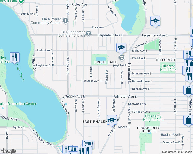 map of restaurants, bars, coffee shops, grocery stores, and more near 1496 Birmingham Street in Saint Paul