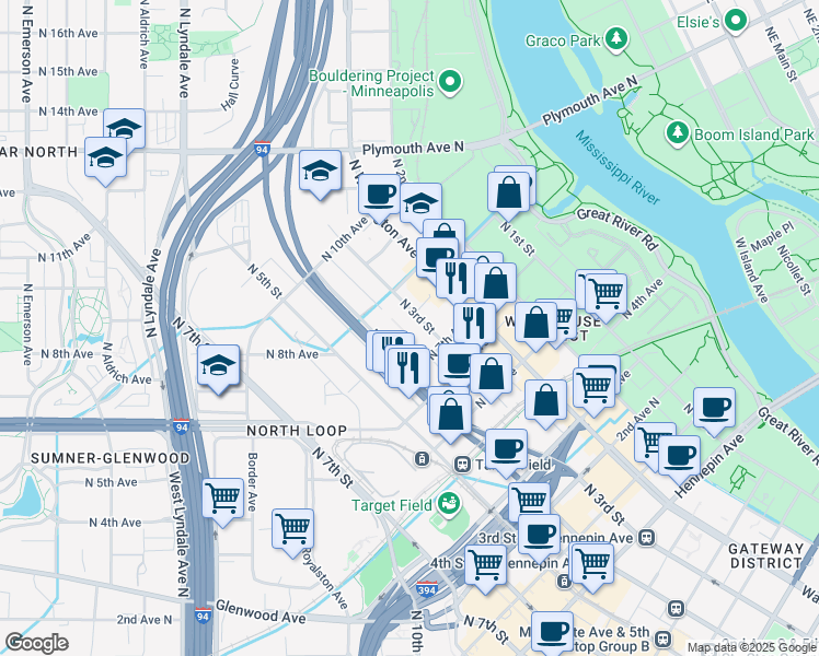 map of restaurants, bars, coffee shops, grocery stores, and more near 721 North 3rd Street in Minneapolis