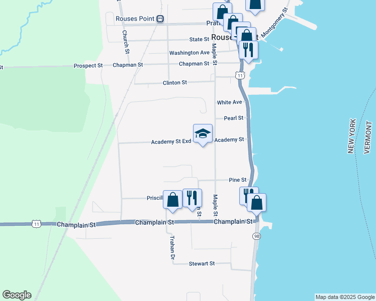 map of restaurants, bars, coffee shops, grocery stores, and more near 80 Maple Street in Rouses Point