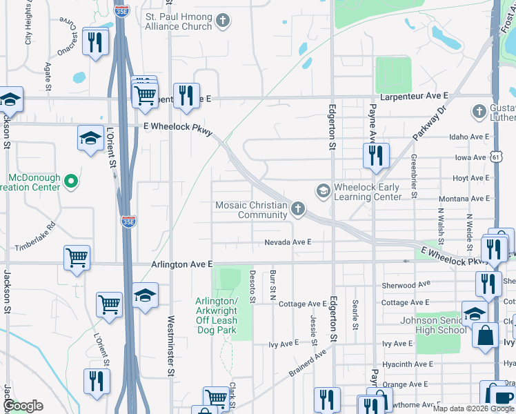map of restaurants, bars, coffee shops, grocery stores, and more near 465 Nebraska Avenue East in Saint Paul