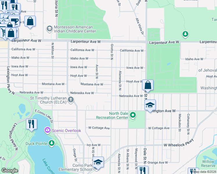 map of restaurants, bars, coffee shops, grocery stores, and more near 757 Nebraska Avenue West in Saint Paul