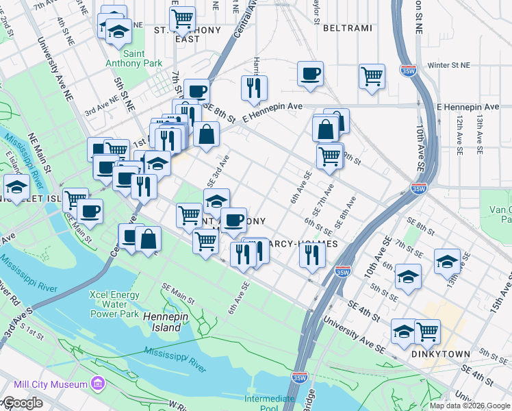 map of restaurants, bars, coffee shops, grocery stores, and more near 501 5th Street Southeast in Minneapolis