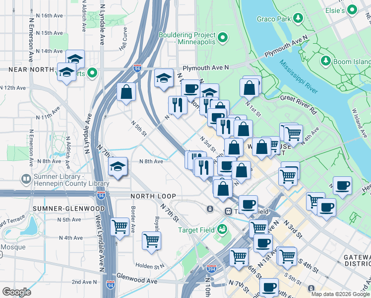 map of restaurants, bars, coffee shops, grocery stores, and more near 7 North 4th Street in Minneapolis
