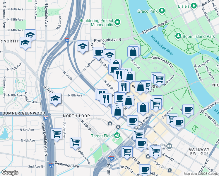 map of restaurants, bars, coffee shops, grocery stores, and more near 710 North 4th Street in Minneapolis