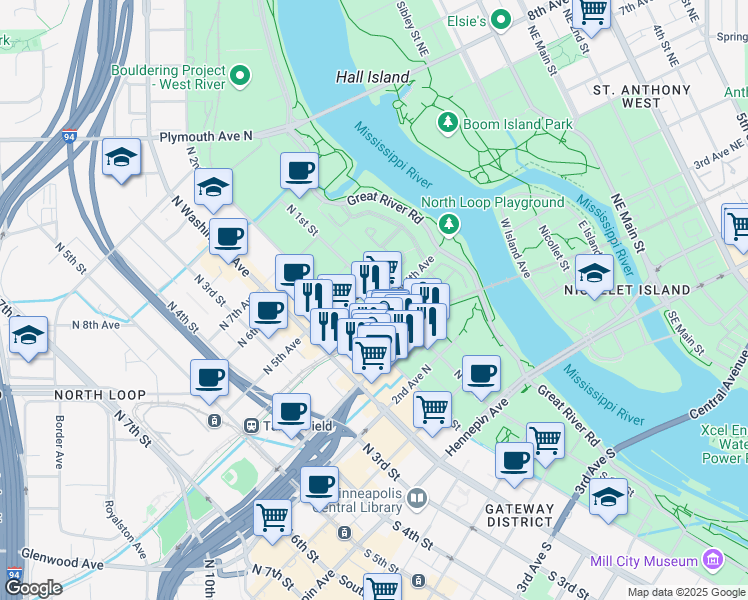 map of restaurants, bars, coffee shops, grocery stores, and more near 415 North 1st Street in Minneapolis