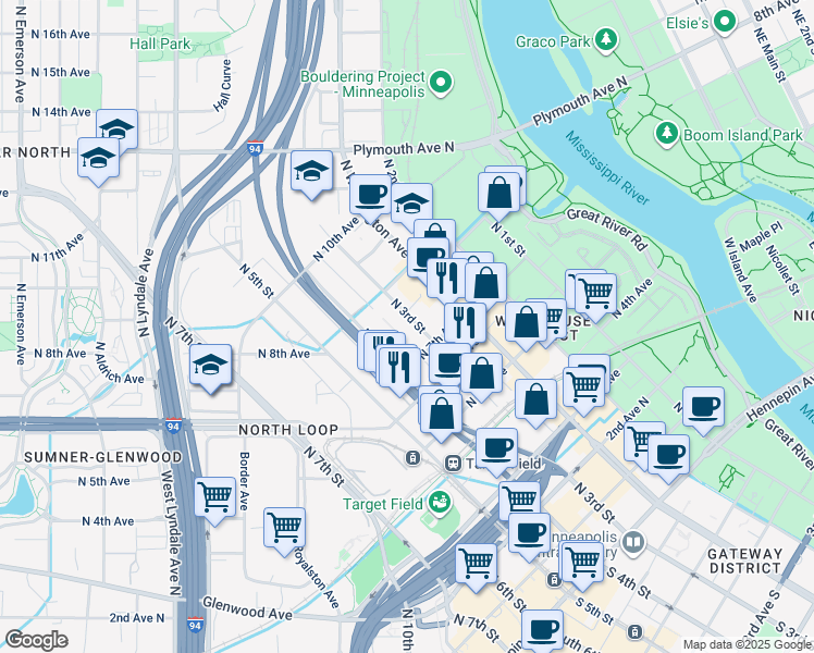 map of restaurants, bars, coffee shops, grocery stores, and more near 710 North 4th Street in Minneapolis
