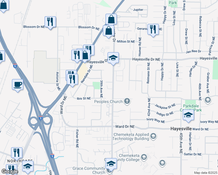 map of restaurants, bars, coffee shops, grocery stores, and more near 4553-4581 Lancaster Drive Northeast in Salem
