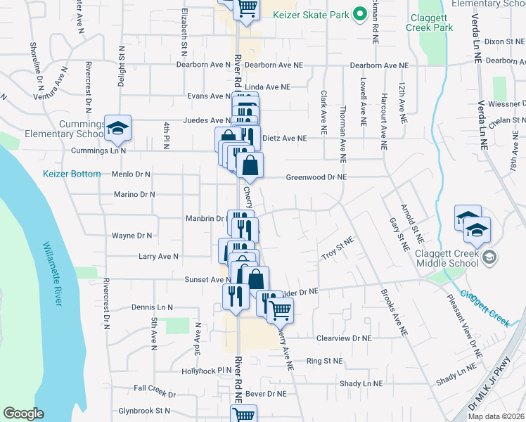 map of restaurants, bars, coffee shops, grocery stores, and more near 4225 Cherry Avenue Northeast in Keizer