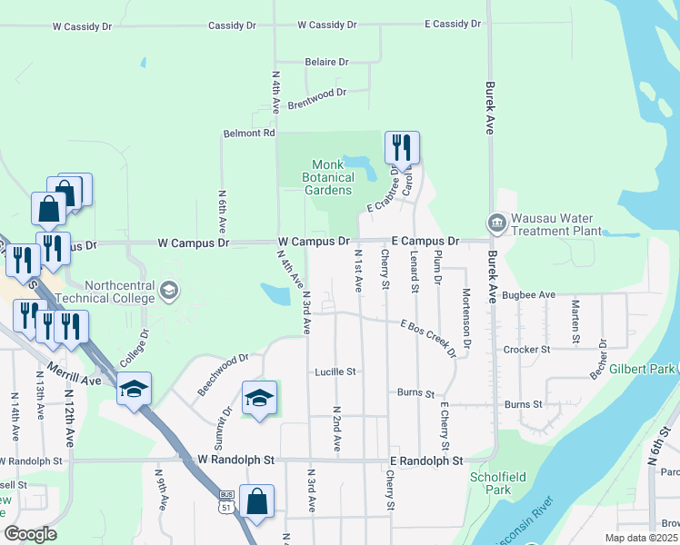 map of restaurants, bars, coffee shops, grocery stores, and more near 1727 North 2nd Avenue in Wausau