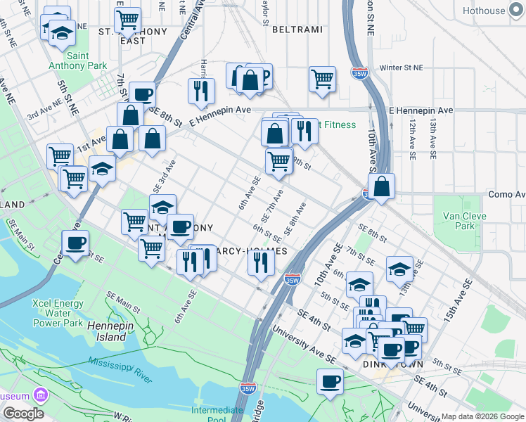 map of restaurants, bars, coffee shops, grocery stores, and more near 611 1/2 6th Avenue Southeast in Minneapolis
