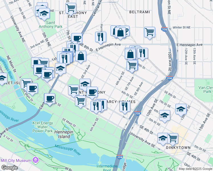 map of restaurants, bars, coffee shops, grocery stores, and more near 513 6th Avenue Southeast in Minneapolis