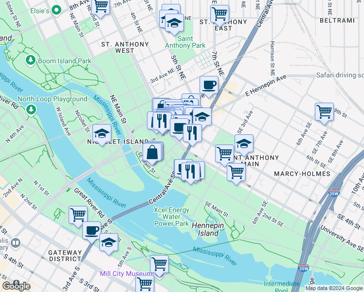 map of restaurants, bars, coffee shops, grocery stores, and more near 55 University Avenue Southeast in Minneapolis