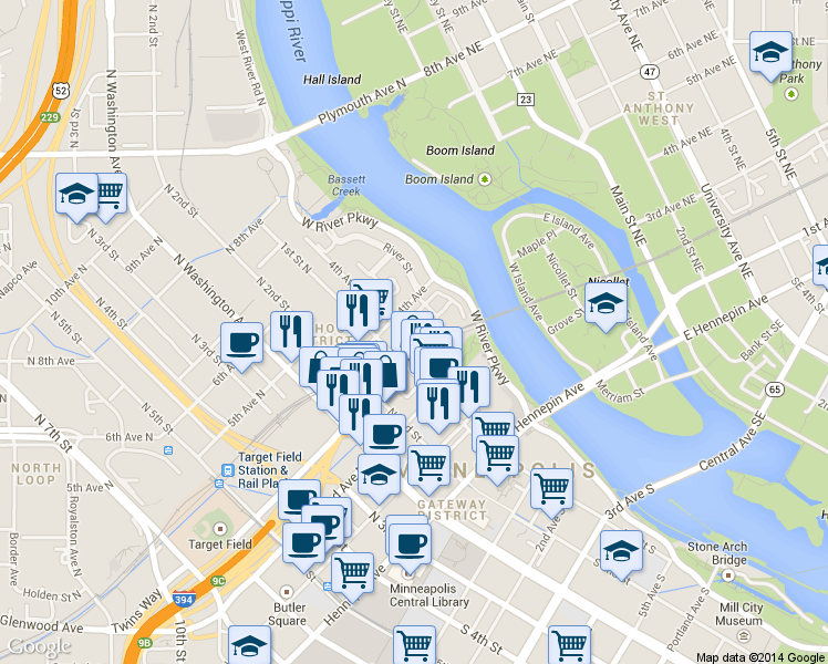map of restaurants, bars, coffee shops, grocery stores, and more near 300 1/2 North 1st Avenue in Minneapolis