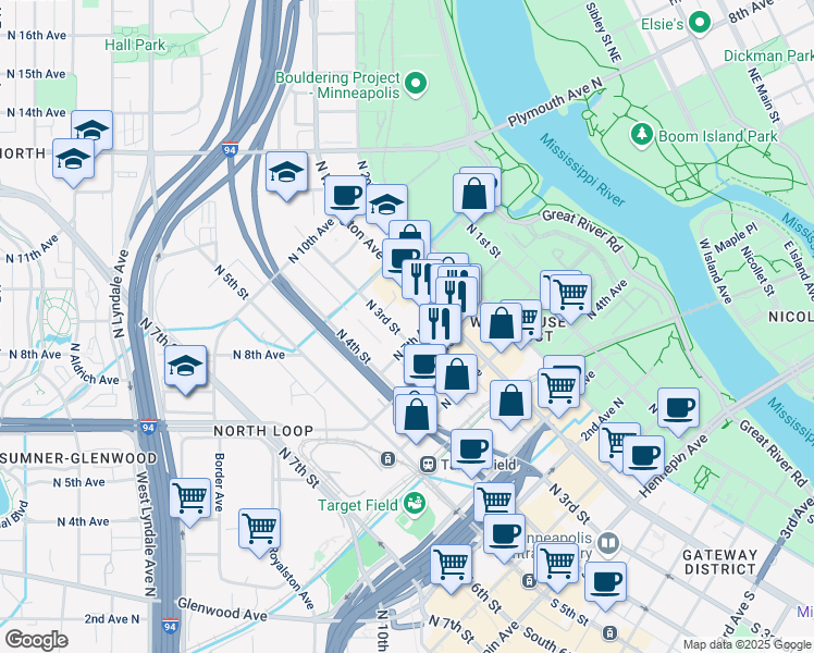 map of restaurants, bars, coffee shops, grocery stores, and more near 608 North 3rd Avenue in Minneapolis