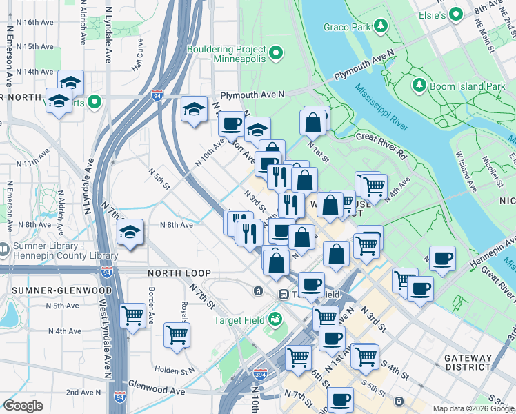 map of restaurants, bars, coffee shops, grocery stores, and more near 710 North 4th Street in Minneapolis