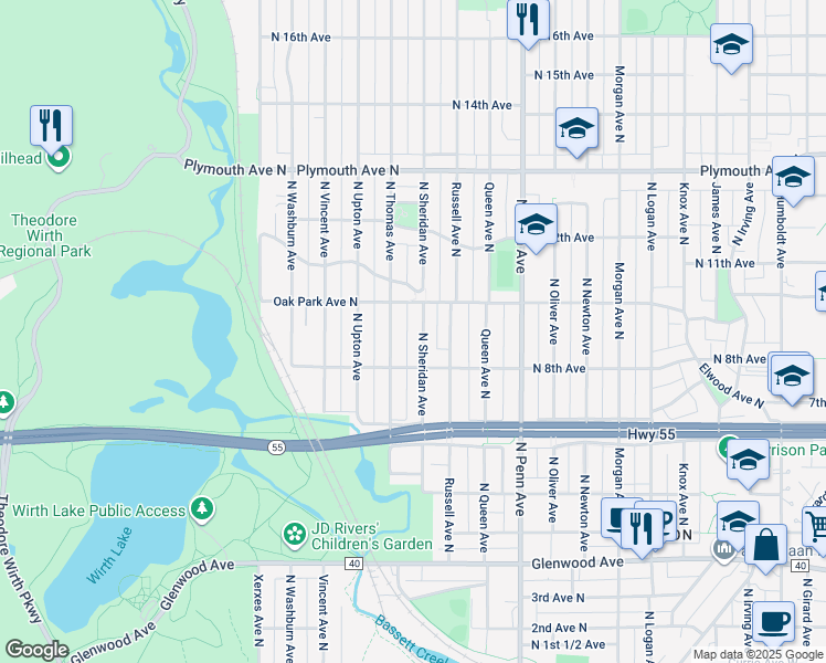 map of restaurants, bars, coffee shops, grocery stores, and more near 806 North Sheridan Avenue in Minneapolis