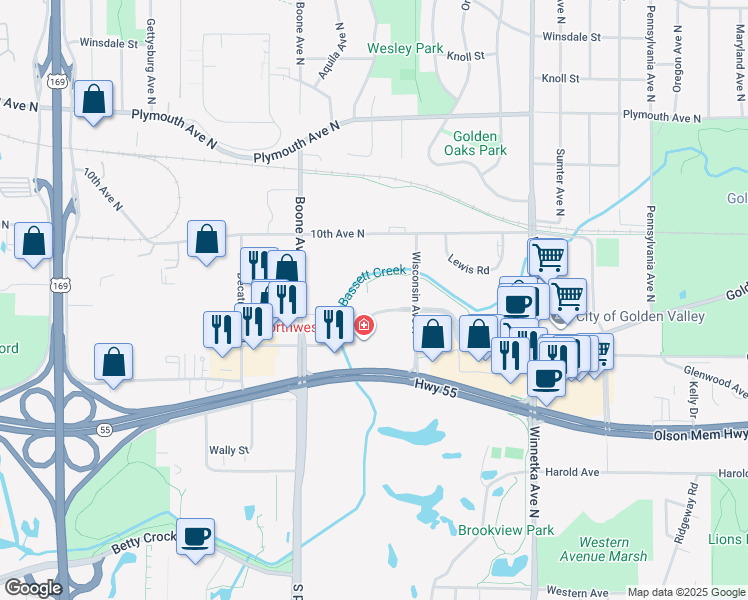 map of restaurants, bars, coffee shops, grocery stores, and more near 8400 Golden Valley Road in Golden Valley