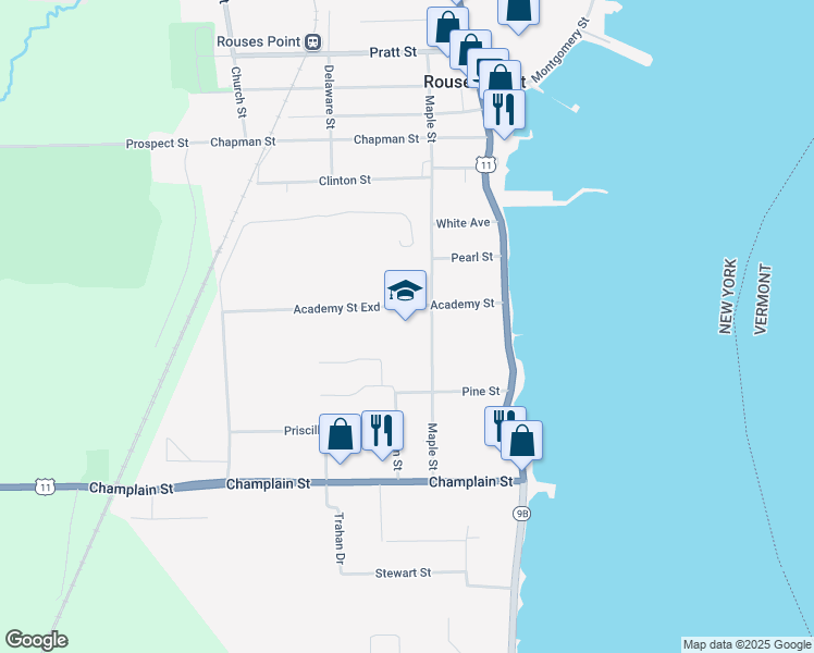 map of restaurants, bars, coffee shops, grocery stores, and more near 80 Maple Street in Rouses Point
