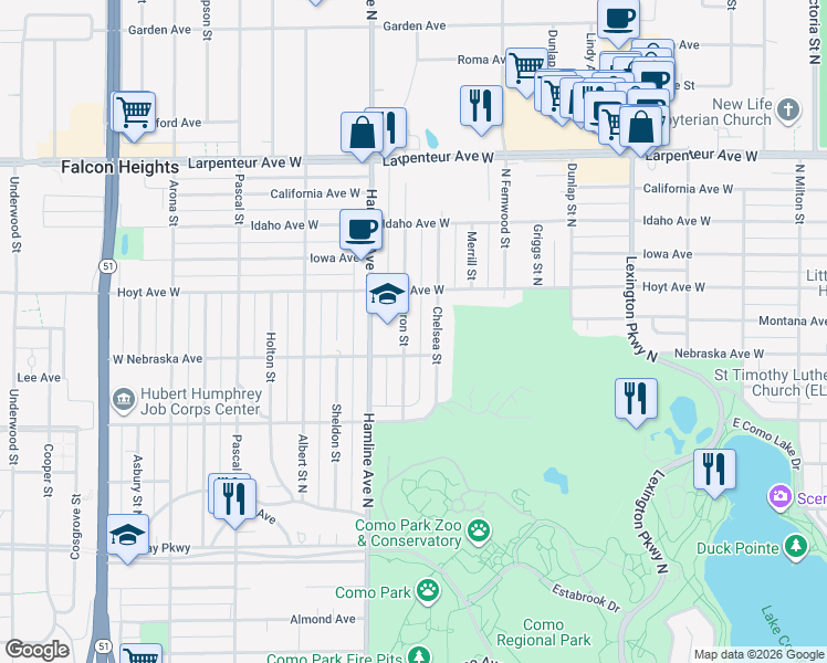 map of restaurants, bars, coffee shops, grocery stores, and more near 1503 Chelsea Street North in Saint Paul