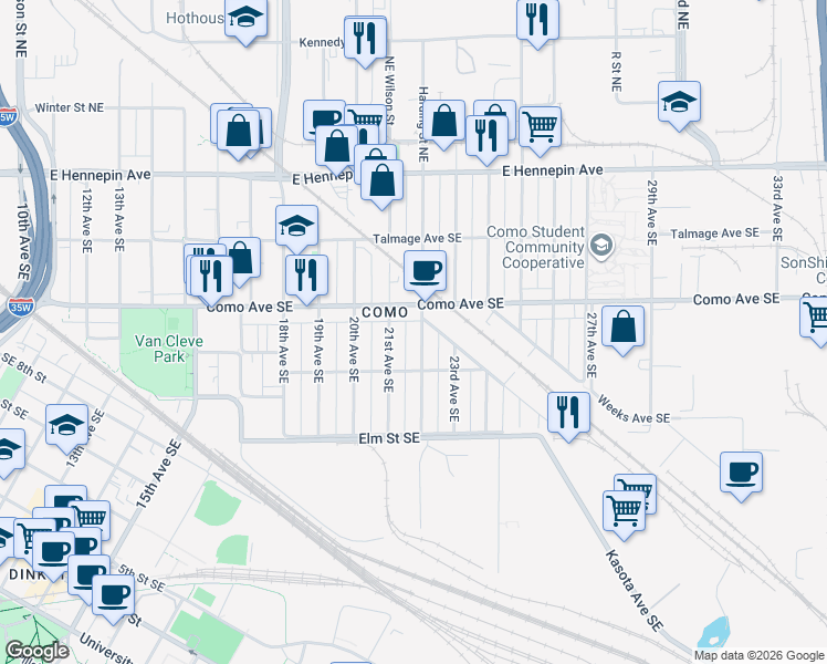 map of restaurants, bars, coffee shops, grocery stores, and more near 893 22nd Avenue Southeast in Minneapolis