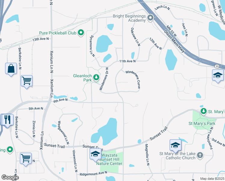 map of restaurants, bars, coffee shops, grocery stores, and more near 705 Windemere Drive North in Minneapolis