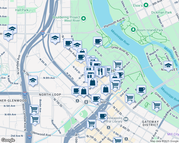 map of restaurants, bars, coffee shops, grocery stores, and more near 607 North Washington Avenue in Minneapolis
