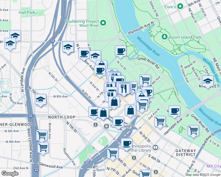 map of restaurants, bars, coffee shops, grocery stores, and more near 607 North Washington Avenue in Minneapolis