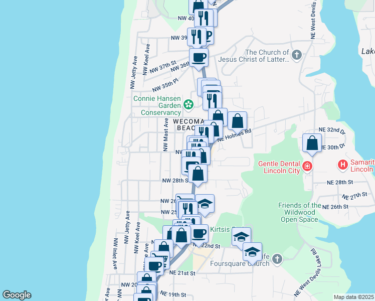map of restaurants, bars, coffee shops, grocery stores, and more near 2922 Northwest Oar Avenue in Lincoln City