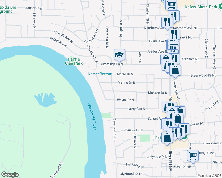 map of restaurants, bars, coffee shops, grocery stores, and more near 713 Manbrin Drive North in Keizer