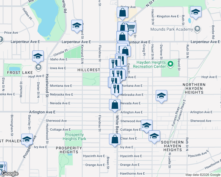 map of restaurants, bars, coffee shops, grocery stores, and more near 1754 Montana Avenue East in Saint Paul