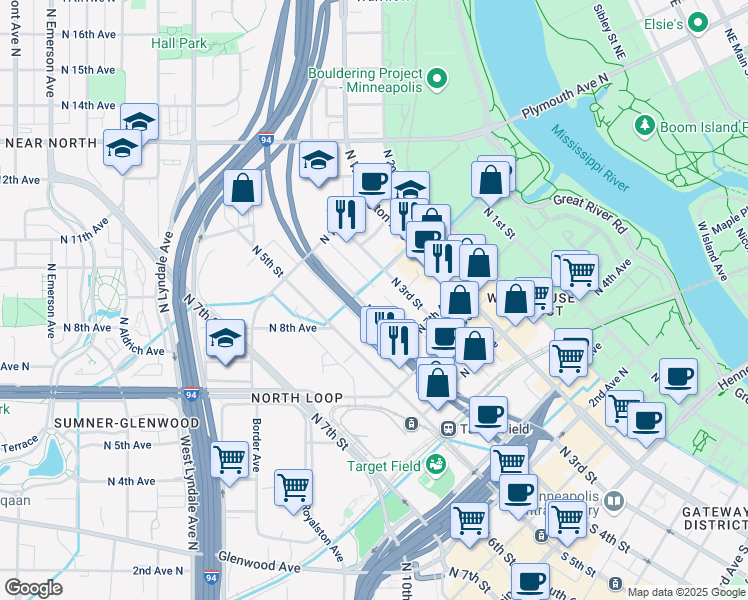 map of restaurants, bars, coffee shops, grocery stores, and more near 7 North 4th Street in Minneapolis