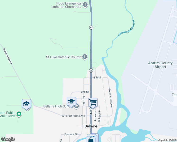 map of restaurants, bars, coffee shops, grocery stores, and more near Michigan 88 in Bellaire