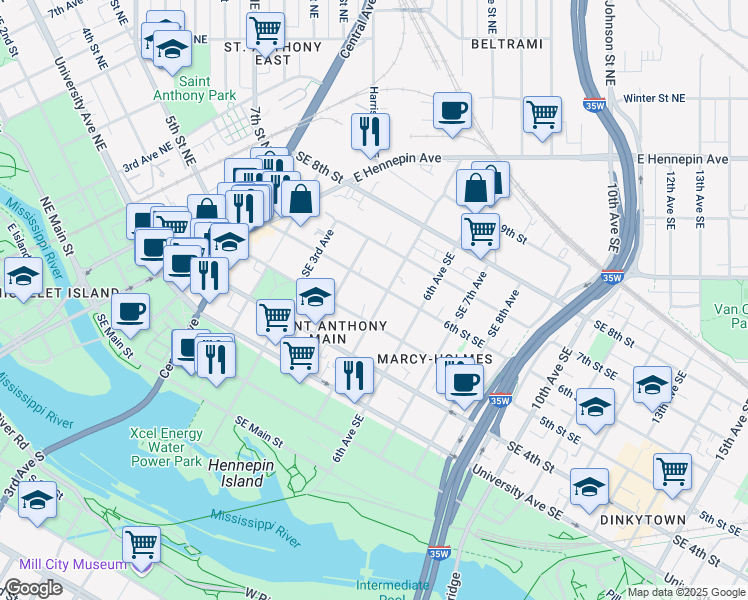 map of restaurants, bars, coffee shops, grocery stores, and more near 515 5th Avenue Southeast in Minneapolis