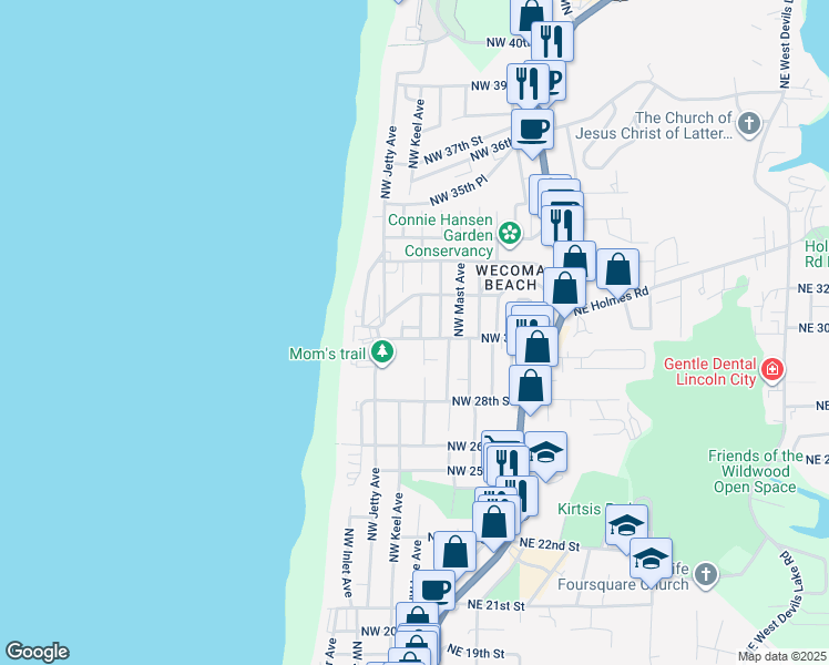 map of restaurants, bars, coffee shops, grocery stores, and more near 2972 Northwest Lee Avenue in Lincoln City