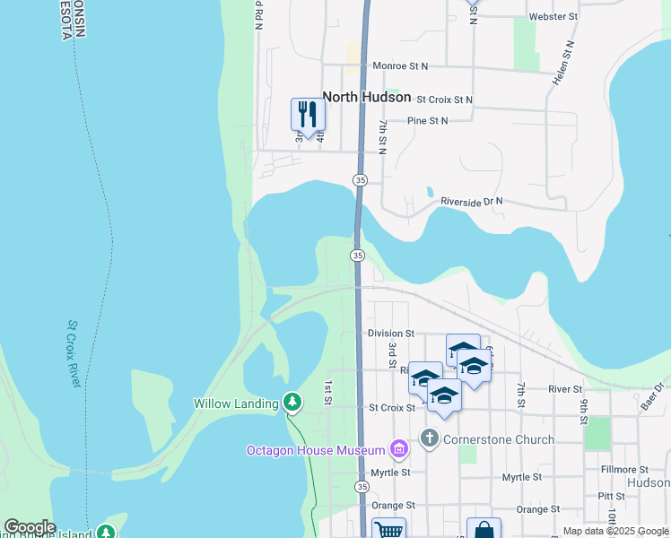 map of restaurants, bars, coffee shops, grocery stores, and more near 1421 2nd Street in Hudson