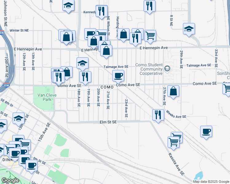 map of restaurants, bars, coffee shops, grocery stores, and more near 893 22nd Avenue Southeast in Minneapolis