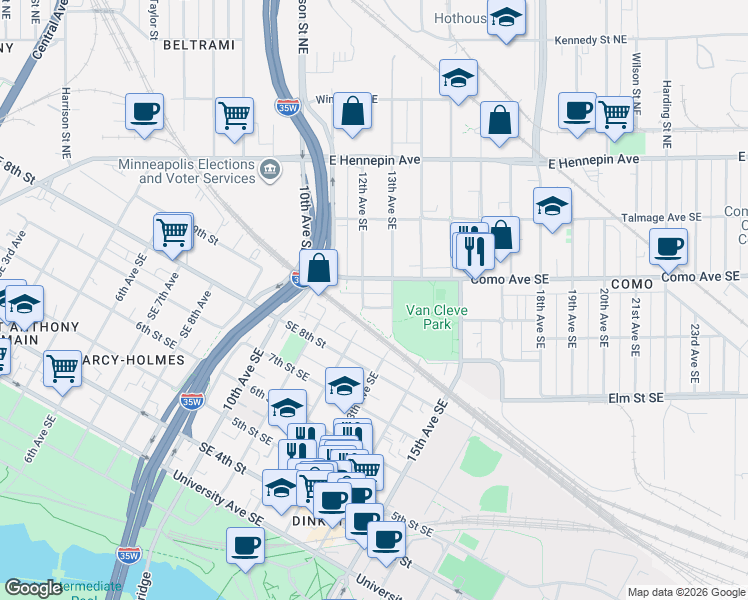 map of restaurants, bars, coffee shops, grocery stores, and more near 1220 Southeast Brook Avenue in Minneapolis