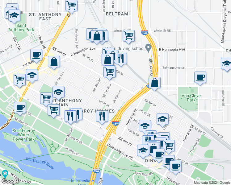 map of restaurants, bars, coffee shops, grocery stores, and more near 624 Southeast 8th Avenue in Minneapolis