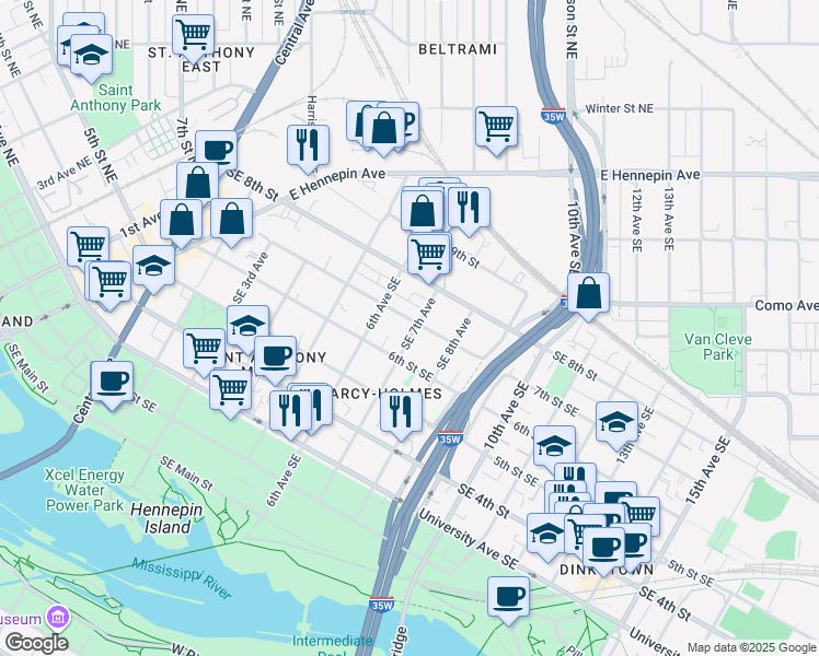 map of restaurants, bars, coffee shops, grocery stores, and more near 611 1/2 6th Avenue Southeast in Minneapolis