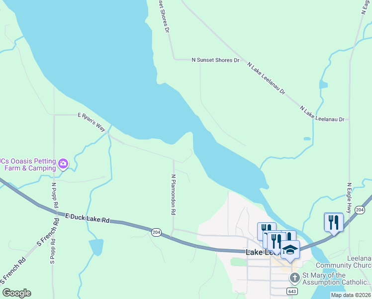 map of restaurants, bars, coffee shops, grocery stores, and more near 501-6599 Plamondon Road in Lake Leelanau